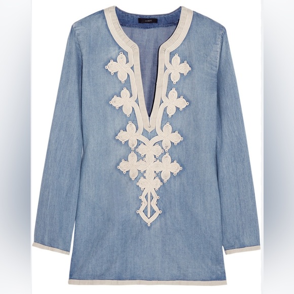 J Crew Chambray Denim Popover Tunic Top Soutache Embroidered Boho Sz 10 - Picture 2 of 12